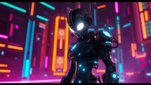 Personagem de jogo com olhos brilhantes e detalhes cibernéticos.