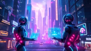 Cérebro robótico com luzes de néon e elementos de jogos.